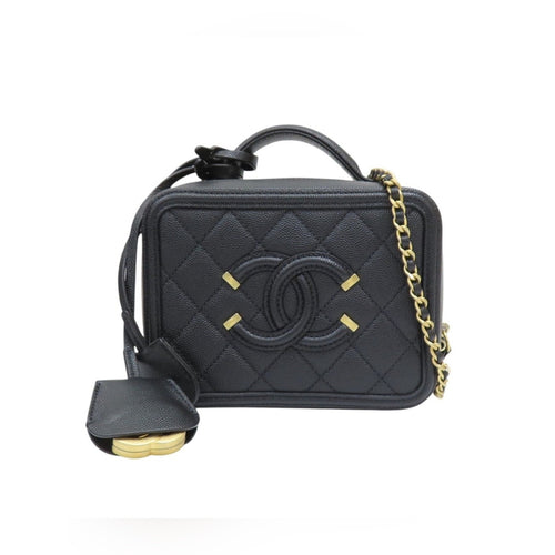 Chanel Black Quilted Caviar Leather CC Filigree Vanity Case Small