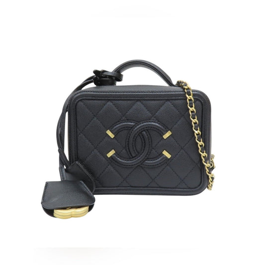 Chanel Black Quilted Caviar Leather CC Filigree Vanity Case Small