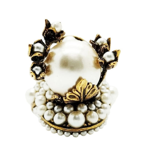 Gucci Cocktail Ring Gold Toned Faux Pearl Flower - Size 5
