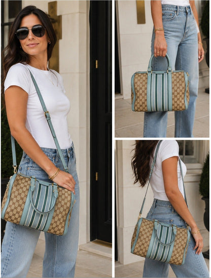 Gucci GG Canvas Web Stripe Boston Bag - Light Blue/Teal