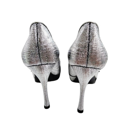 Louis Vuitton Silver and Black Floral Peep-Toe Pumps - Size 36