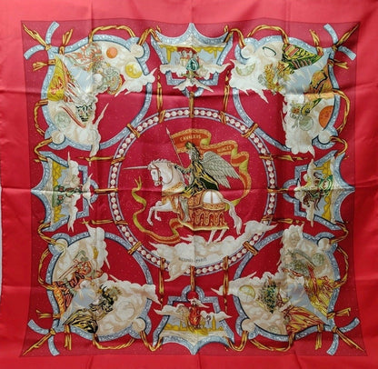 Hermes Red Cavaliers des Nuages Carre 90 Silk Scarf