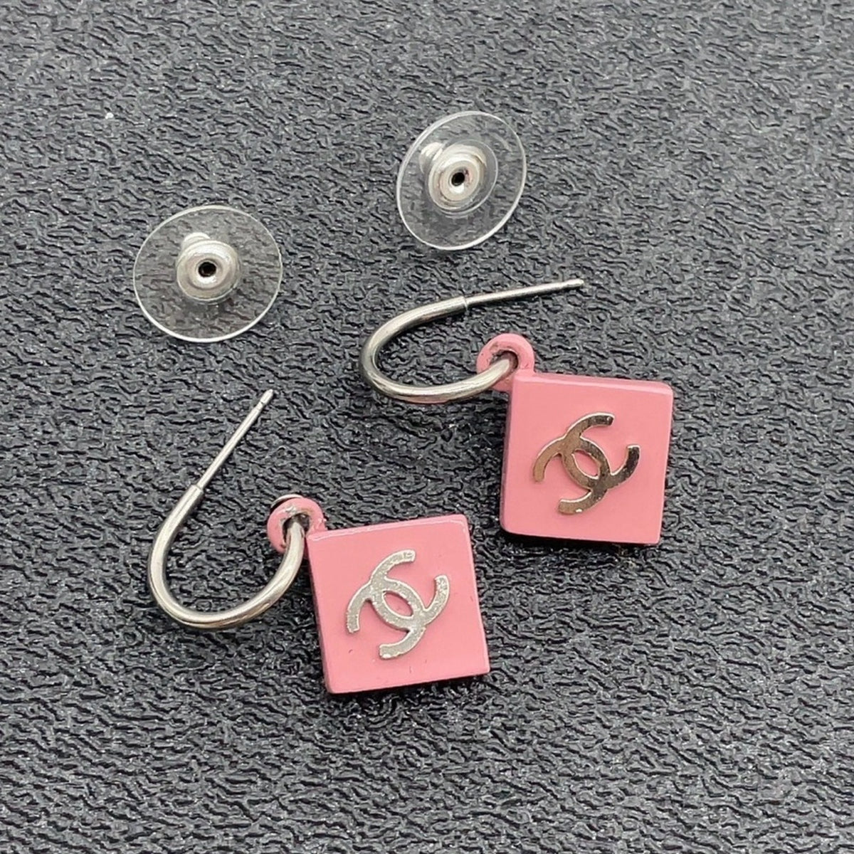 Chanel Pink Enamel and Palladium-Plated CC Pierced Drop Earrings