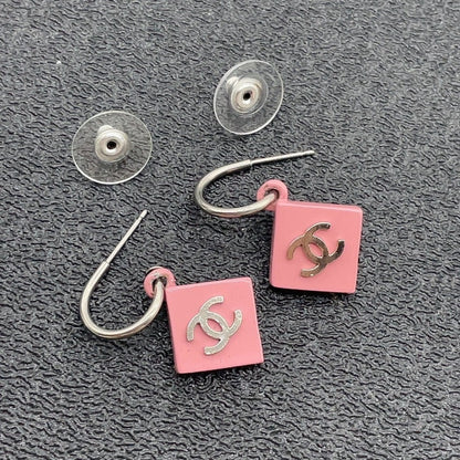 Chanel Pink Enamel and Palladium-Plated CC Pierced Drop Earrings