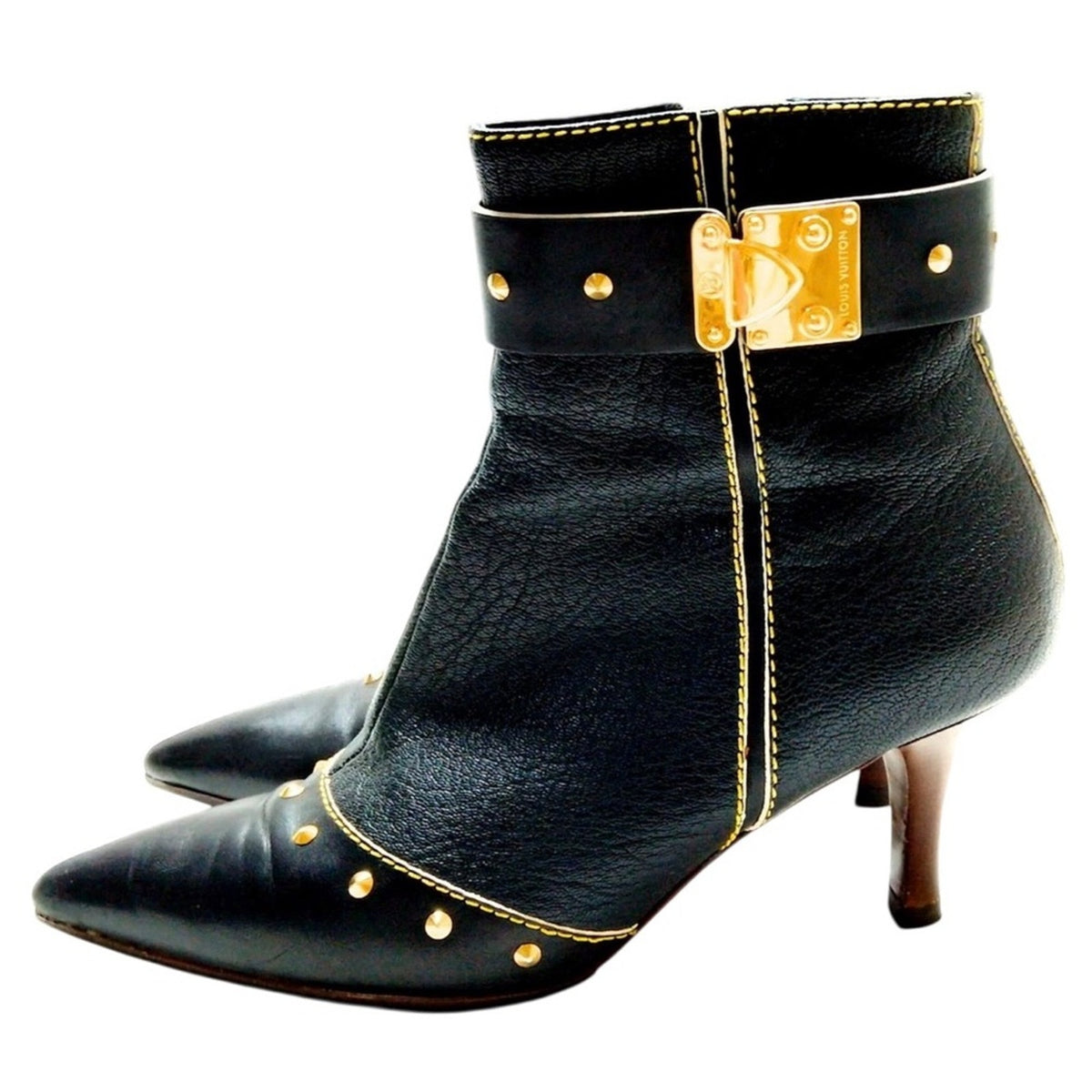 Louis Vuitton Black Suhali Leather Stud Pointed Ankle Boots - Size 35.5
