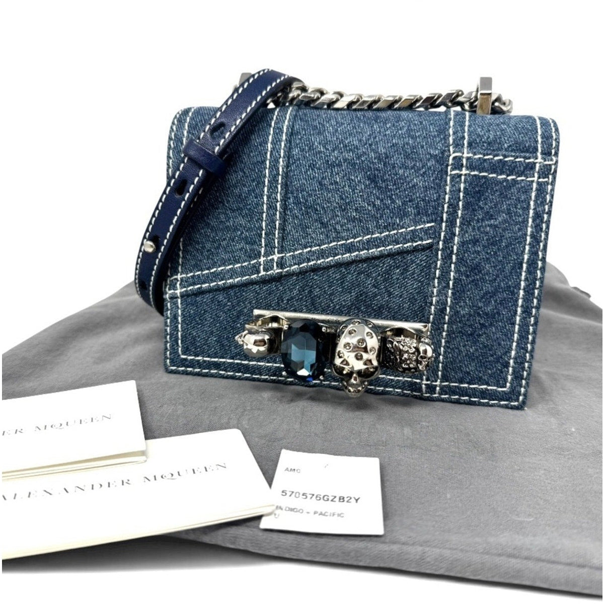 Alexander McQueen Denim Mini Jeweled Knuckle 2-Way Bag