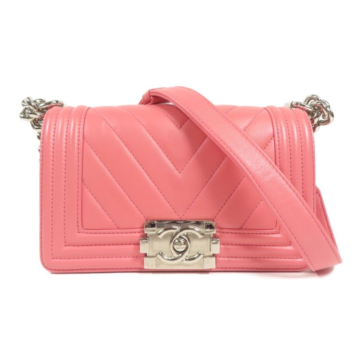 Chanel Pink Lambskin Leather Chevron Quilted Boy Bag Small