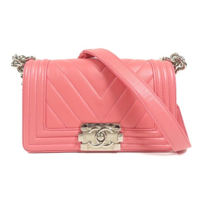 Chanel Pink Lambskin Leather Chevron Quilted Boy Bag Small