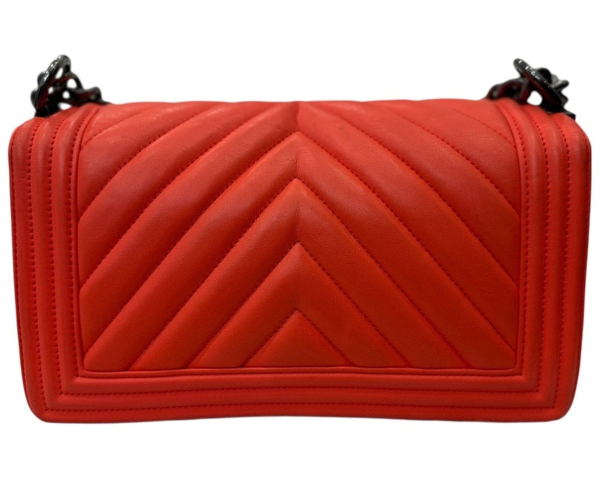 Chanel Red Orange Lambskin Leather Quilted Medium Boy Bag