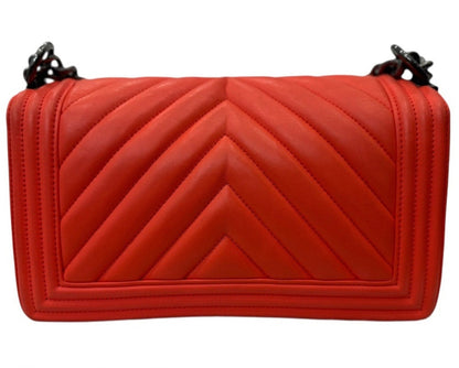 Chanel Red Orange Lambskin Leather Quilted Medium Boy Bag