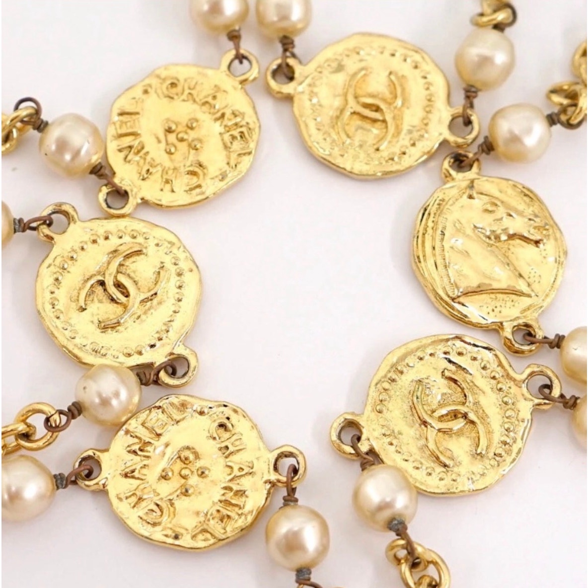Chanel Vintage Gold-Plated Coin Medallion & Faux Pearl Necklace