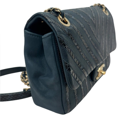 Chanel Navy Leather and Snakeskin Chevron Medium Single Flap Bag