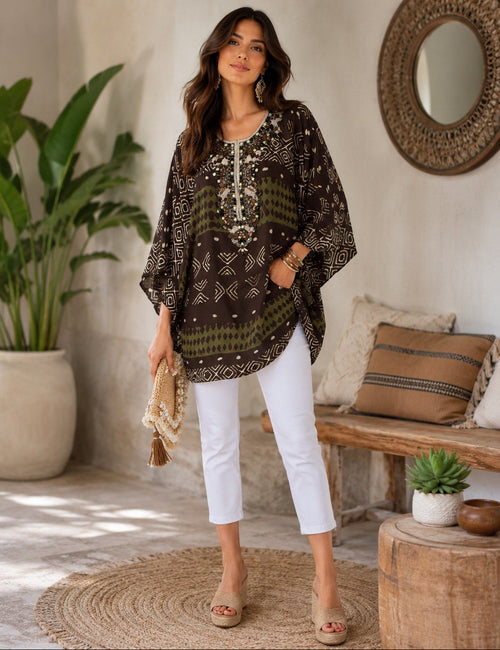 Oscar de la Renta Olive & Dark Brown Beaded Silk Tunic - Medium