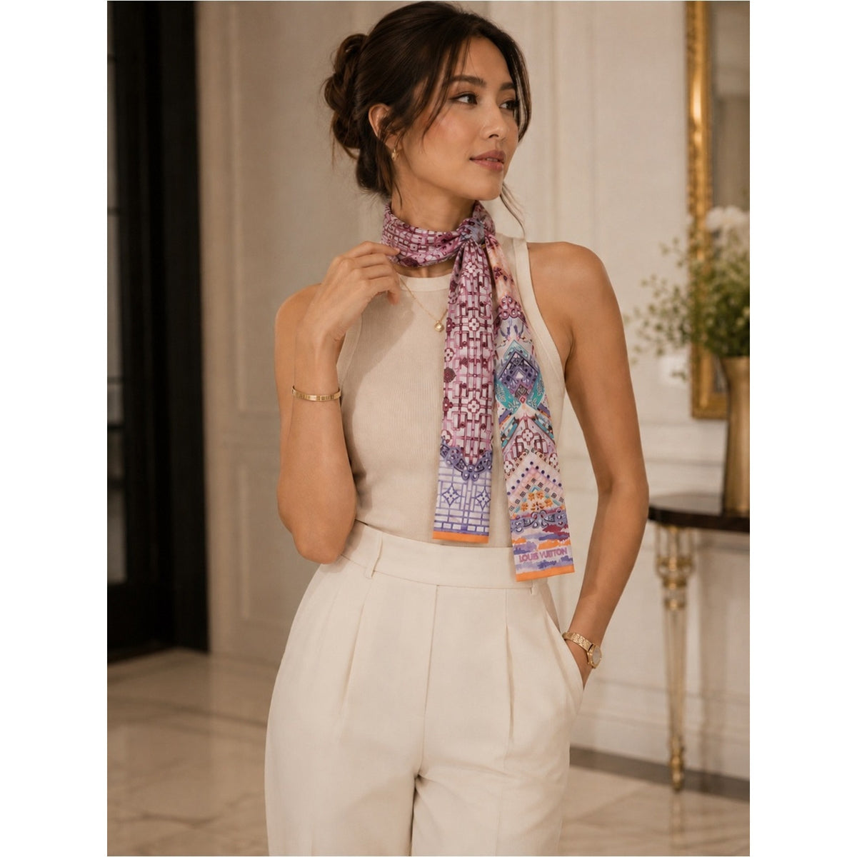 Louis Vuitton Multicolor Patterned Silk Bandeau Twilly Scarf