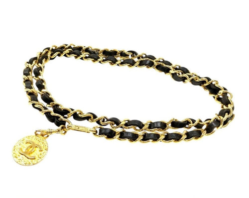 Chanel Black Leather and Gold CC Medallion Chain Belt