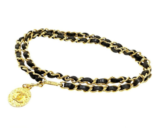 Chanel Black Leather and Gold CC Medallion Chain Belt