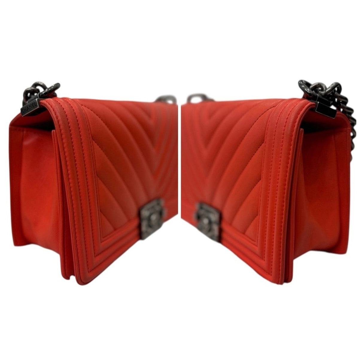Chanel Red Orange Lambskin Leather Quilted Medium Boy Bag