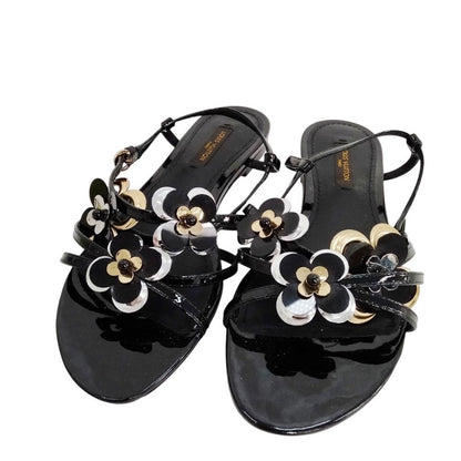 Louis Vuitton Black Patent Leather Flower Sling-Back Sandals - Size 35