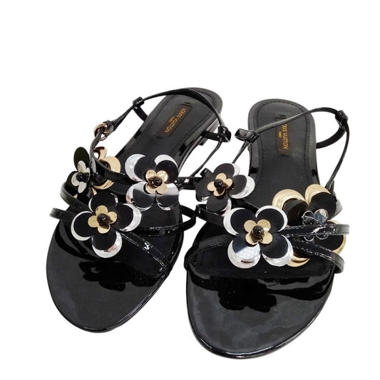 Louis Vuitton Black Patent Leather Flower Sling-Back Sandals - Size 35
