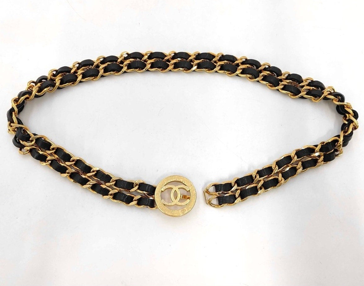 Chanel Black Leather Woven Gold-Plated Belt