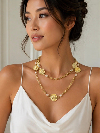 Chanel Vintage Gold-Plated Coin Medallion & Faux Pearl Necklace