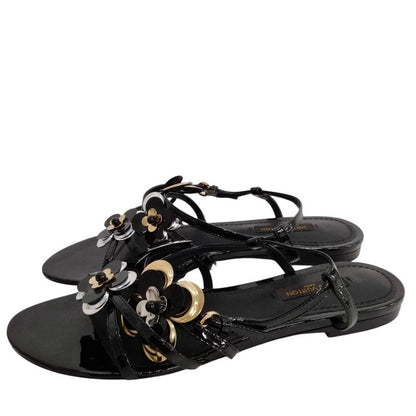 Louis Vuitton Black Patent Leather Flower Sling-Back Sandals - Size 35
