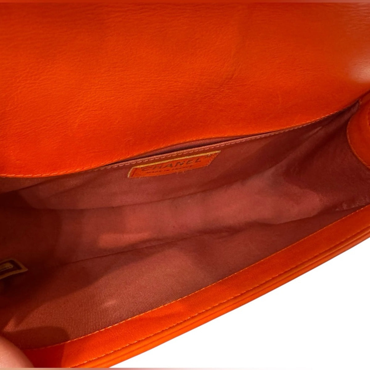 Chanel Red Orange Lambskin Leather Quilted Medium Boy Bag