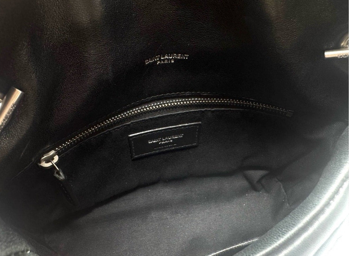Saint Laurent Black Leather Quilted Toy Loulou Puffer with Silver YSL