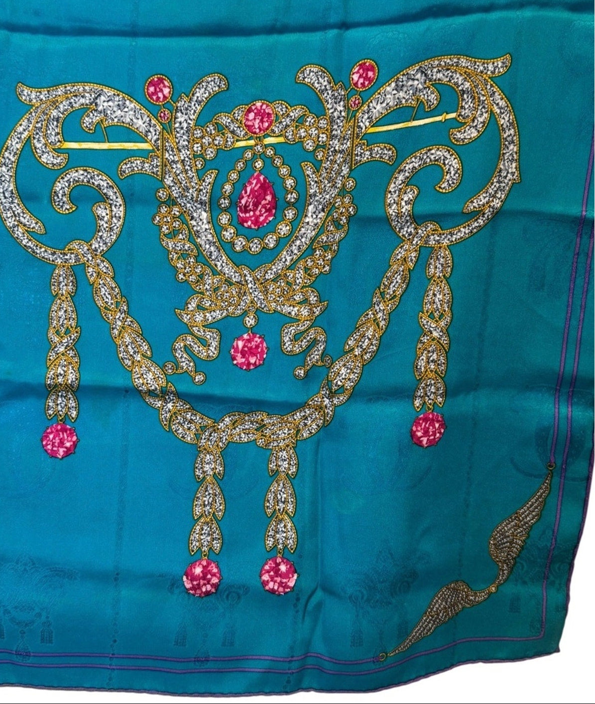 Cartier Teal “Collection of Brooches” Jewel-Embellished Silk Scarf