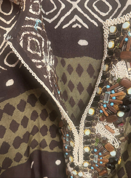 Oscar de la Renta Olive & Dark Brown Beaded Silk Tunic - Medium