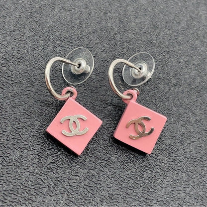 Chanel Pink Enamel and Palladium-Plated CC Pierced Drop Earrings