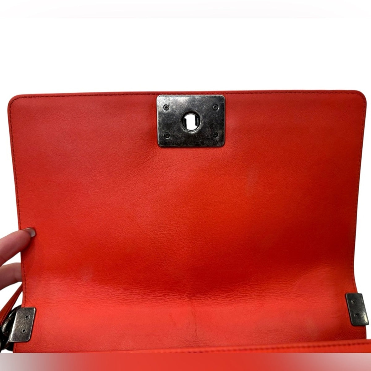 Chanel Red Orange Lambskin Leather Quilted Medium Boy Bag