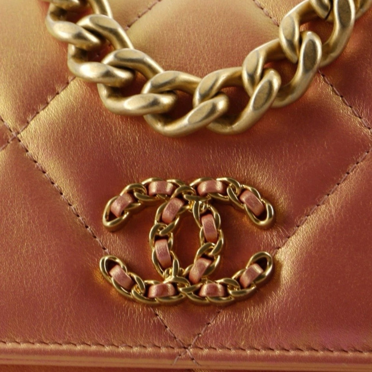 Chanel 19 Pink Iridescent Quilted Calfskin Leather Wallet on Chain