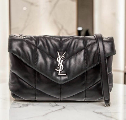 Saint Laurent Black Leather Quilted Toy Loulou Puffer with Silver YSL