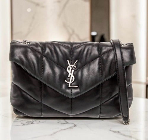 Saint Laurent Black Leather Quilted Toy Loulou Puffer with Silver YSL