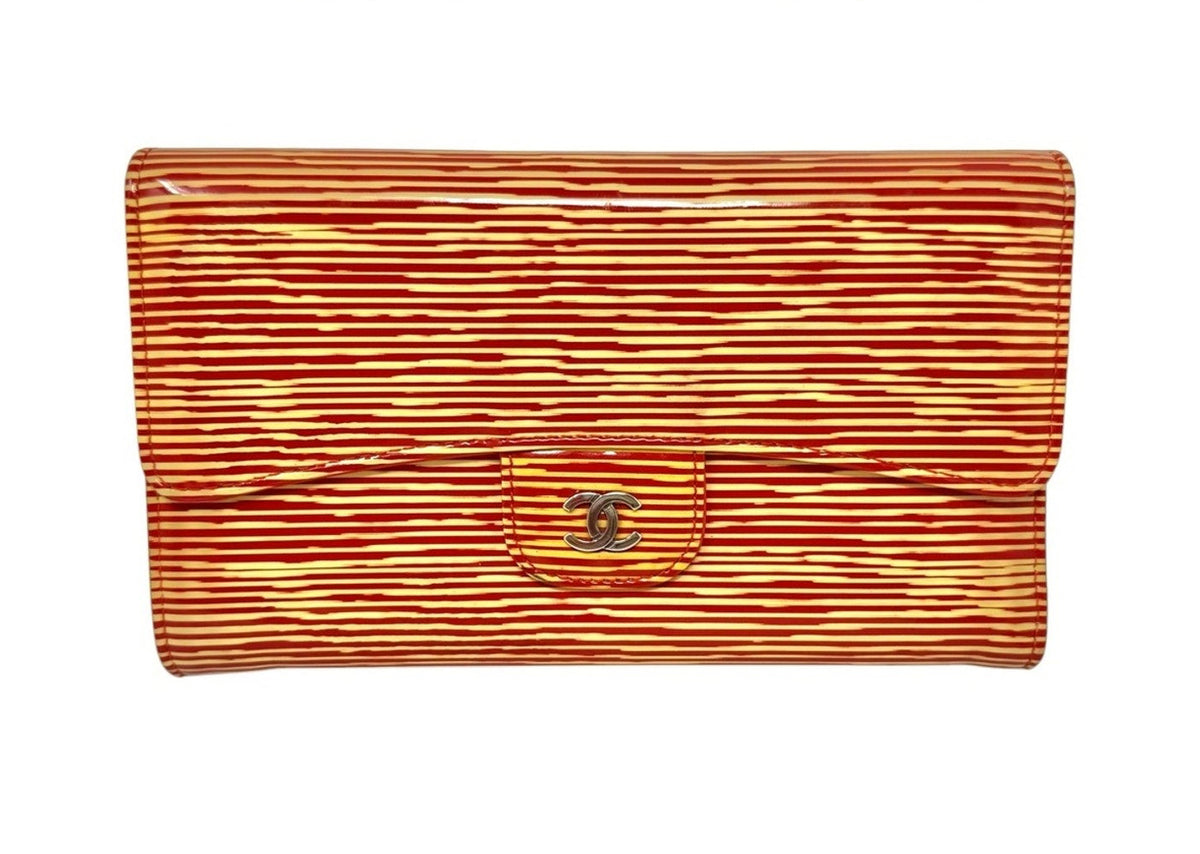 Chanel Red and Gold Stripe Patent Flap Wallet