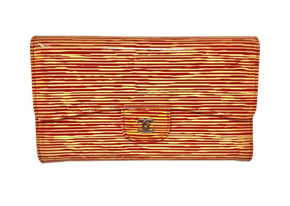 Chanel Red and Gold Stripe Patent Flap Wallet