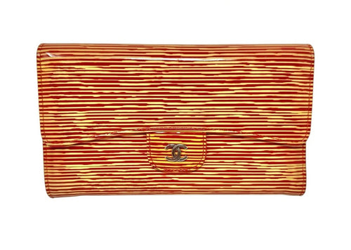 Chanel Red and Gold Stripe Patent Flap Wallet