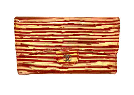 Chanel Red and Gold Stripe Patent Flap Wallet