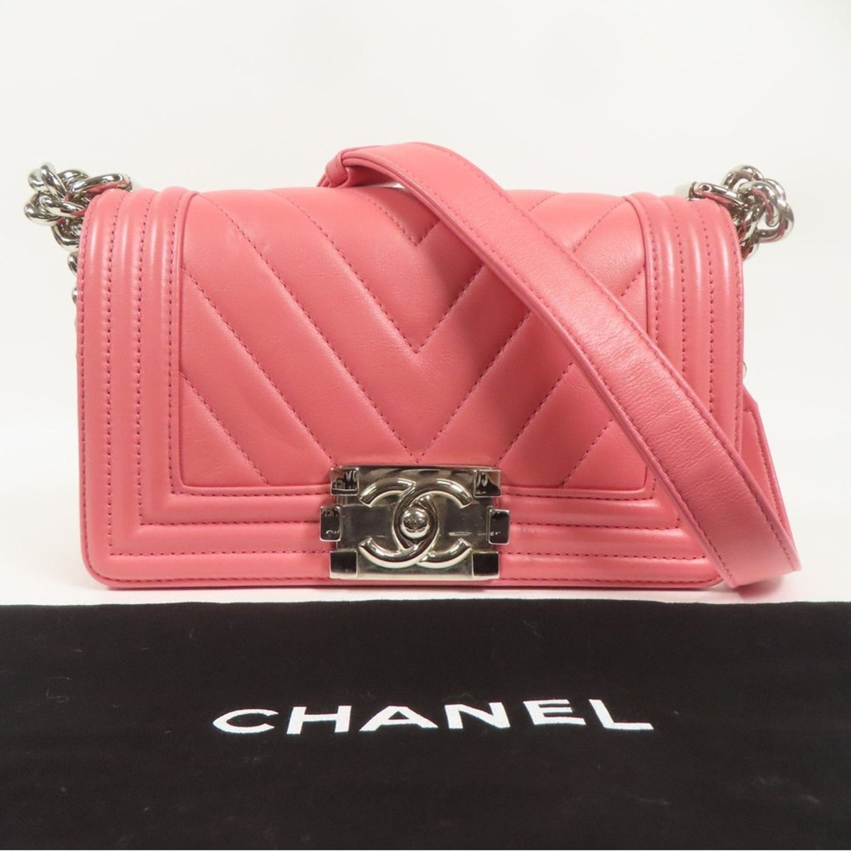 Chanel Pink Lambskin Leather Chevron Quilted Boy Bag Small
