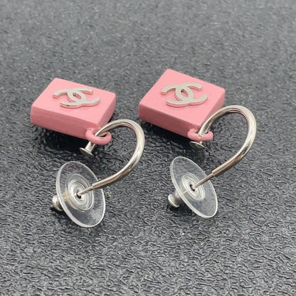 Chanel Pink Enamel and Palladium-Plated CC Pierced Drop Earrings