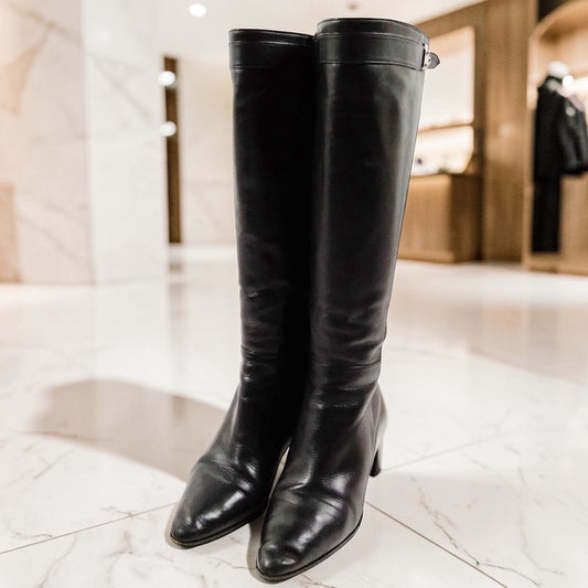 Hermes Black Leather Knee-High Boots - Size 36.5